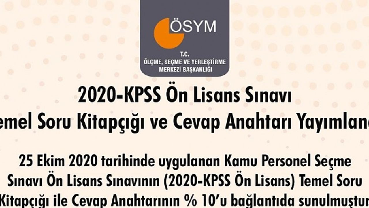 2020-KPSS Ön Lisans Sınavı Temel Soru Kitapçığı ve Cevap Anahtarı Yayımlandı